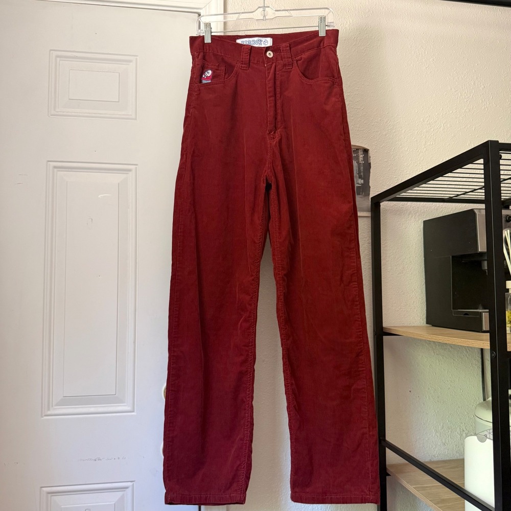 POLER skateboards burgundy corduroy embroidered patch straight wide leg pants